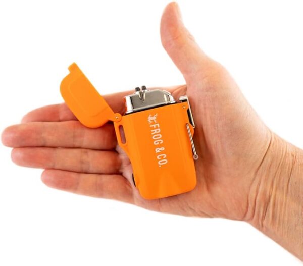 Survival Frog Tough Electric Lighter 2.0 - Waterproof & Windproof Lighters - Flameless Top-Facing Dual Arc Plasma, USB Rechargeable w/Built-in Flashlight, Camping, Survival Fire Starter (Orange) - Image 3