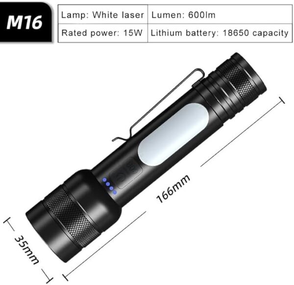 LED Flashlight with 2000mAh Battery, 600 Lumens, and Adjustable Brightness Compact Type-C Rechargeable Torch for Outdoor and Emergency Use - Image 3