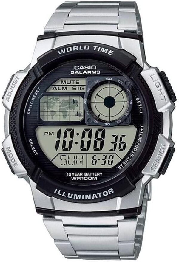 Casio AE1000W Series | Menâs Digital Watch | 100M WR | Multi Alarms | 100 SEC Stopwatch | Countdown Timer | World Map for World Time | LED Light | LC Analog Display | 10 Year Battery - Image 2