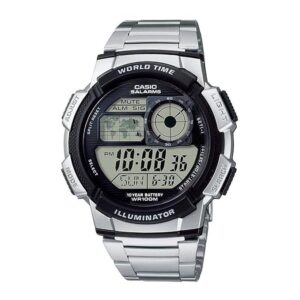 Casio AE1000W Series | Menâs Digital Watch | 100M WR | Multi Alarms | 100 SEC Stopwatch | Countdown Timer | World Map for World Time | LED Light | LC Analog Display | 10 Year Battery