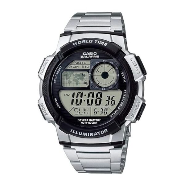 Casio AE1000W Series | Menâs Digital Watch | 100M WR | Multi Alarms | 100 SEC Stopwatch | Countdown Timer | World Map for World Time | LED Light | LC Analog Display | 10 Year Battery