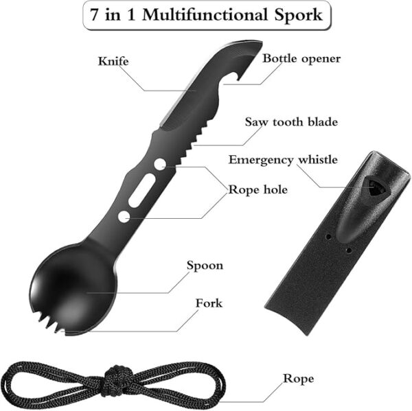 7-in-1 EDC Multi Camping Utensil Tool - Portable Multitool with Knife Fork Spoon Whistle Bottle Opener with Stainless Steel, Compact Outdoor Gear Birthday Stocking Stuffer Gift Idea for Men Women Teen - Image 3