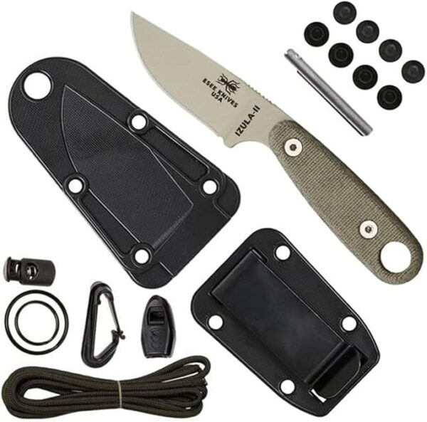 ESEE Izula-II Fixed Blade Knife, Survival Kit, Ambidextrous Sheath, Belt Clip, Made In USA (Desert Tan Blade/Black Sheath/Survival Kit) - Image 2