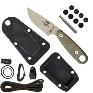 ESEE Izula-II Fixed Blade Knife, Survival Kit, Ambidextrous Sheath, Belt Clip, Made In USA (Desert Tan Blade/Black Sheath/Survival Kit)
