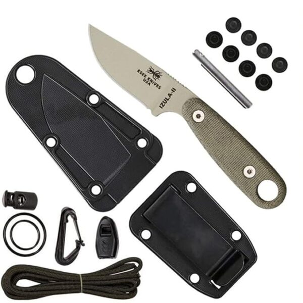 ESEE Izula-II Fixed Blade Knife, Survival Kit, Ambidextrous Sheath, Belt Clip, Made In USA (Desert Tan Blade/Black Sheath/Survival Kit)