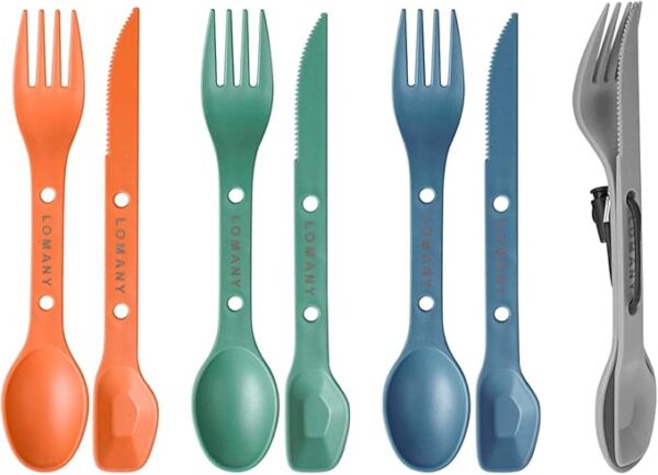 Reusable 4-in-2 Combo Camping Utensil Set, 4 Sets Spoon-Fork-Knife Travel Utensils, Portable Plastic Cutlery Backpacking Gear for Lunch Hiking Outdoor Survival (Green, Orange, Blue, Grey) - Image 2
