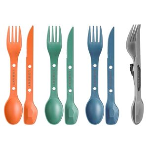 Reusable 4-in-2 Combo Camping Utensil Set, 4 Sets Spoon-Fork-Knife Travel Utensils, Portable Plastic Cutlery Backpacking Gear for Lunch Hiking Outdoor Survival (Green, Orange, Blue, Grey)