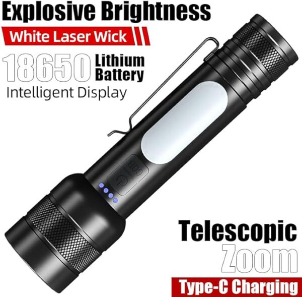 LED Flashlight with 2000mAh Battery, 600 Lumens, and Adjustable Brightness Compact Type-C Rechargeable Torch for Outdoor and Emergency Use - Image 4