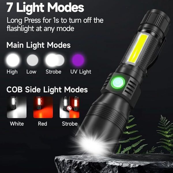 Black Light Flashlights, 3-in-1 UV Flashlight with Magnetic Base, COB Tactical Rechargeable Flashlight, High Lumens 7 Modes LED Flashlight for Pet Urine Detection Emergencies, Camping - Image 4