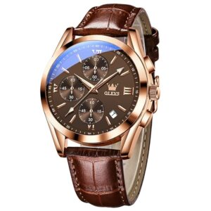 OLEVS Men's Casual Leather Watch, Big Face Chronograph Watch for Men, Fashion Easy to Read Dress Watch, Men's Waterproof Luminous Date Analog Watch, Gold/Black/White/Blue Dial