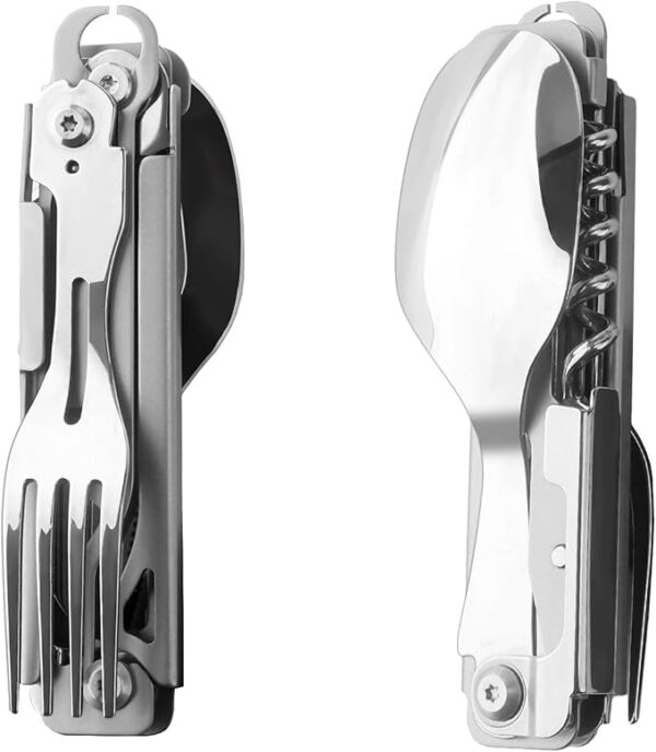 Portable 5-in-1 Camping Utensils - Detachable Travel Utensils Flatware Set - Compact Camping Multitool With Spoon, Fork, Knife, Bottle Opener - Great for Outdoor Adventures (Stainless Steel) - Image 2