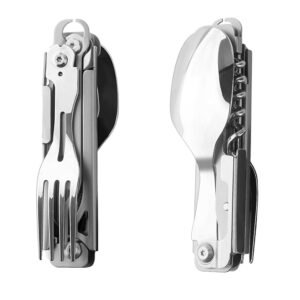 Portable 5-in-1 Camping Utensils - Detachable Travel Utensils Flatware Set - Compact Camping Multitool With Spoon, Fork, Knife, Bottle Opener - Great for Outdoor Adventures (Stainless Steel)