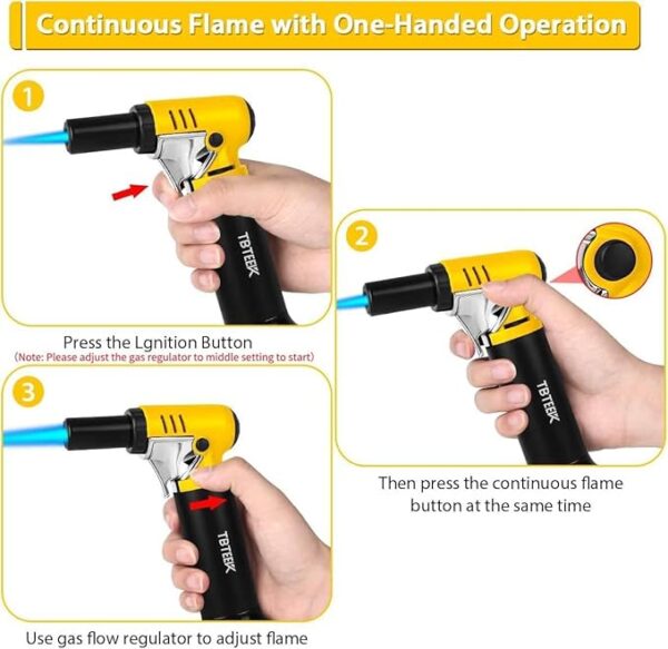 TBTeek Butane Torch with Fuel Gauge T907, One-hand Operation Kitchen Torch Lighter with Adjustable Flame for BBQ, Baking, Brulee Creme, Crafts and Soldering(Butane Gas Not Included) - Image 3