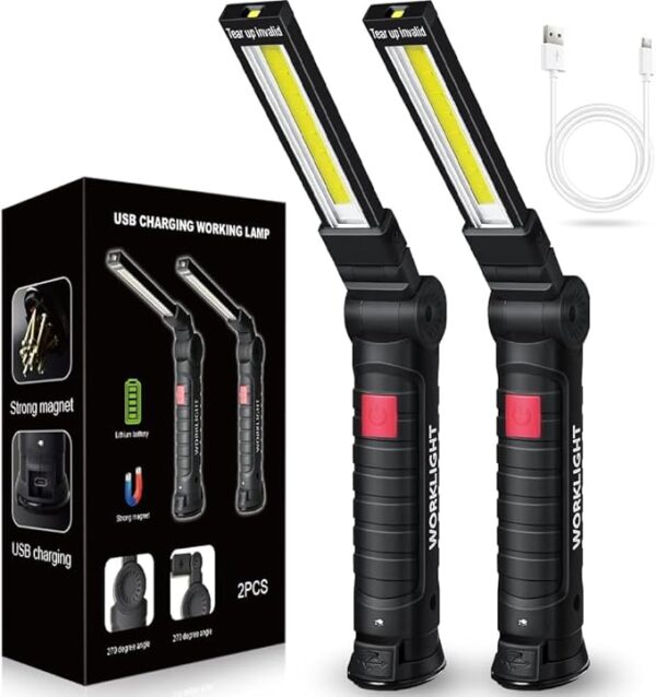 LED Work Light Rechargeable Flashlight, Tool Gifts for Men Him Husband, Mechanic Torch Grill Light Foldable Inspection Lamp with Magnetic Base 5 Modes 360Â° Rotate for Car Emergency Repair 2 Pack - Image 2