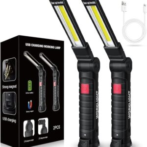 LED Work Light Rechargeable Flashlight, Tool Gifts for Men Him Husband, Mechanic Torch Grill Light Foldable Inspection Lamp with Magnetic Base 5 Modes 360Â° Rotate for Car Emergency Repair 2 Pack