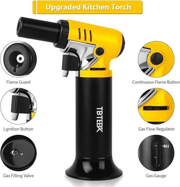 TBTeek Butane Torch with Fuel Gauge T907, One-hand Operation Kitchen Torch Lighter with Adjustable Flame for BBQ, Baking, Brulee Creme, Crafts and Soldering(Butane Gas Not Included) - Image 4