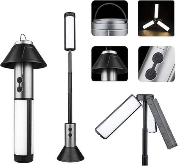 Rechargeable 3000mAh Camping Light with Stand 1.71ft Max Height ï¼Cordless Work Light with 3 LED Lamp Heads, 2200 Lumens Camping Essentials Gear Emergency Flashlightï¼Black - Image 2