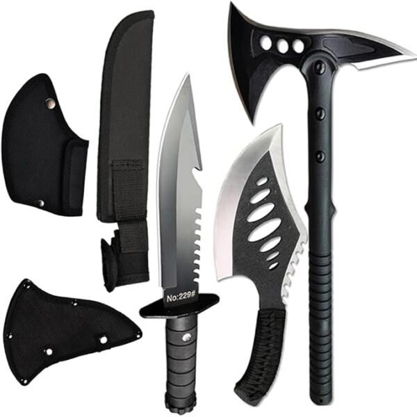 DOOM BLADE Camping Hatchet Axe with Nylon Sheath,Tomahawk Viking Forged High Carbon Steel,Portable Camping Axe for Outdoor Splitting Wood,Hunting (Double-Bit Axe + Hatchet + Fixed Blade Knife) - Image 2