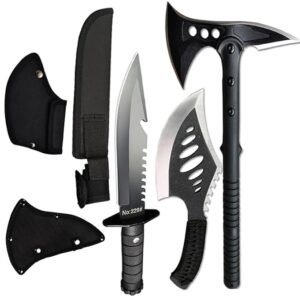 DOOM BLADE Camping Hatchet Axe with Nylon Sheath,Tomahawk Viking Forged High Carbon Steel,Portable Camping Axe for Outdoor Splitting Wood,Hunting (Double-Bit Axe + Hatchet + Fixed Blade Knife)