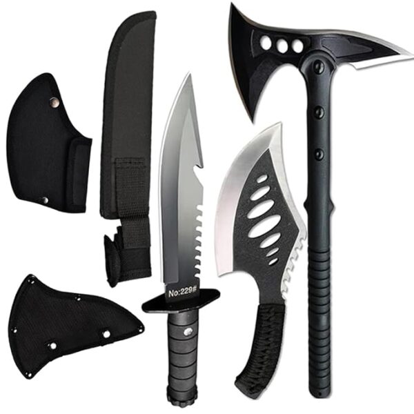 DOOM BLADE Camping Hatchet Axe with Nylon Sheath,Tomahawk Viking Forged High Carbon Steel,Portable Camping Axe for Outdoor Splitting Wood,Hunting (Double-Bit Axe + Hatchet + Fixed Blade Knife)