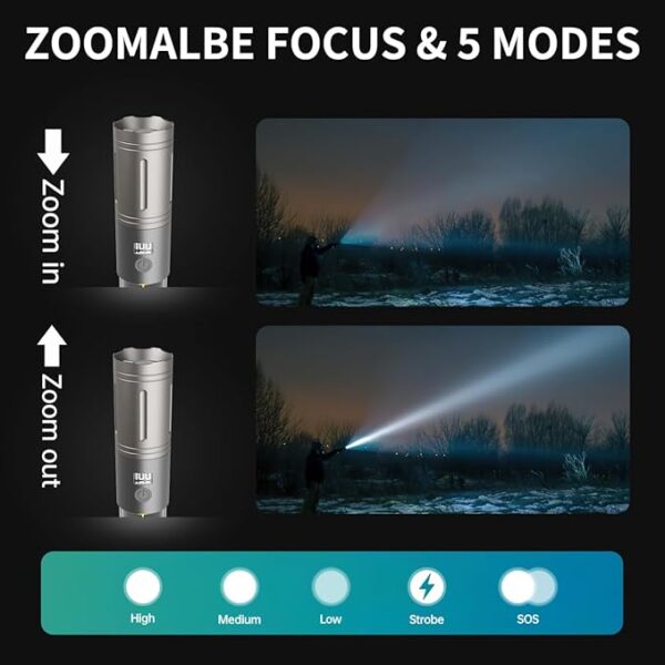 LED Flashlights, Super Bright Tactical Flashlight, Rechargeable, 5 Modes Zoomable Waterproof Flash Lights Adjustable Brightness, Long Lasting for Camping, Emergency, Outdoor, Home, Hiking - Image 4