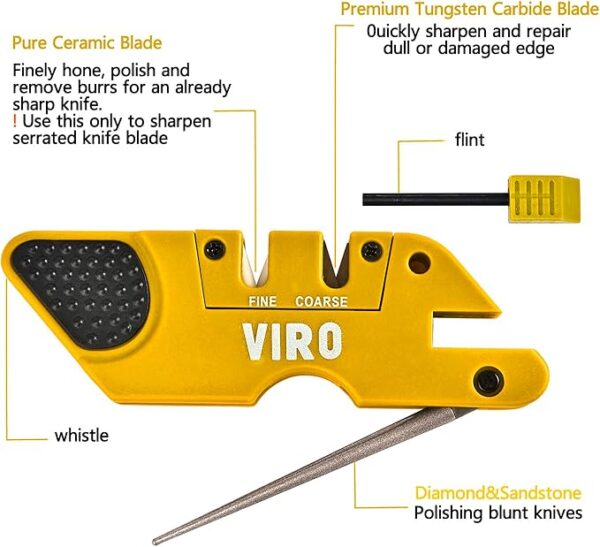 VIRO 6-in-1 Pocket Knife Sharpener& Survival Tool Outdoor Hunting Knife & Hook Sharpener, Handheld, Compact, Lightweight, Multi Use (Yellow) - Image 3