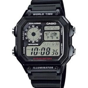 Casio AE1200WH Series | Menâs Digital Watch | 100M WR | Multi Alarms | 100 SEC Stopwatch | Countdown Timer | World Map for World Time | LED Light | LC Analog Display | 10 Year Battery