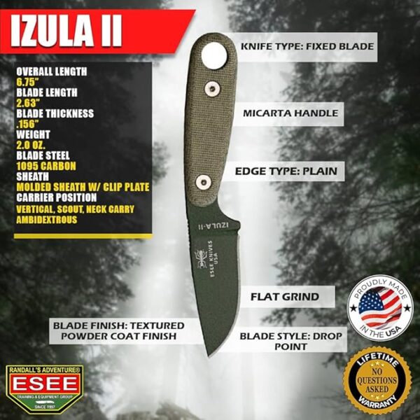 ESEE Knives Izula-II Fixed Blade Knife, Micarta Handle, Molded Sheath, Clip Plate (OD Green) - Image 4