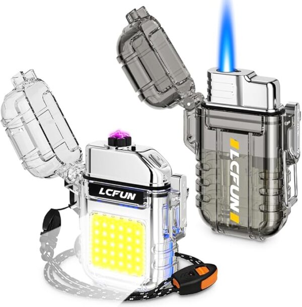 LcFun 2 Pack Waterproof Windproof Torch Lighter Butane Refillable, Electric Dual Arc Plasma Lighter with COB Flashlight and Whistle, Tactical Survival Gear Gadgets for Men for Camping - Image 2
