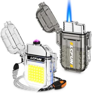 LcFun 2 Pack Waterproof Windproof Torch Lighter Butane Refillable, Electric Dual Arc Plasma Lighter with COB Flashlight and Whistle, Tactical Survival Gear Gadgets for Men for Camping