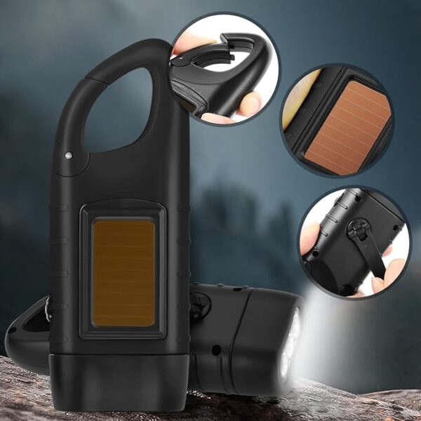 Simpeak Hand Cranking Solar Powered Flashlight, Rechargeable Emergency LED Flashlight Carabiner Dynamo Quick Snap Clip Backpack Flashlight Torch for Outdoor Camping Climbing Hiking (Black) - Image 8