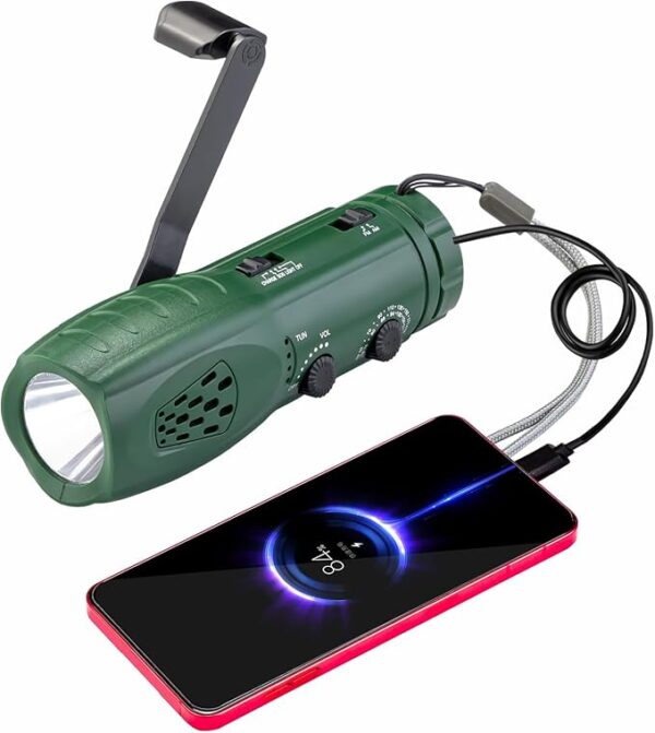 Hand Crank Flashlight with Emergency Radio LED Torch Phone Charger, Portable Dynamo SOS Rechargeable USB Charging Handheld LED Flashlights Built-in Loudspeaker for Camping Hiking Gift - Image 2