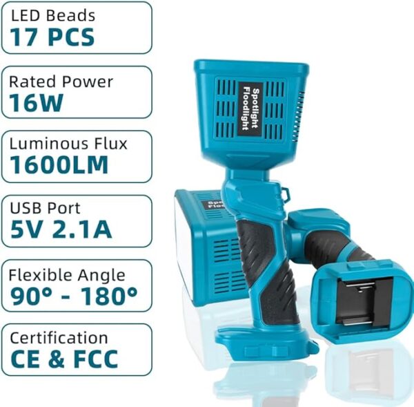 16W Cordless LED Flashlight for Makita 18V Lithium-ion Battery, 1600LM Handheld Work Light with USB Charger Port for Camping, Fishing, Car Repairing, Job Site, Emergency - Image 5