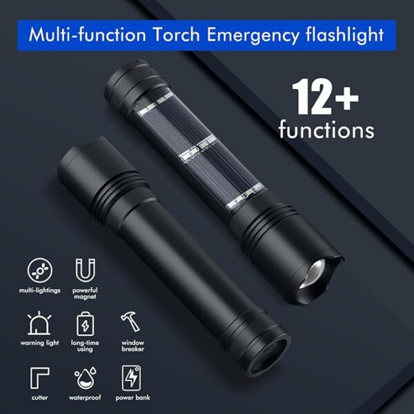 NPET T08-2 Solar Power Flashlight Car Flashlight USB Rechargeable Tactical Multi-Function Torch Emergency Tool (T08-2pack) - Image 6