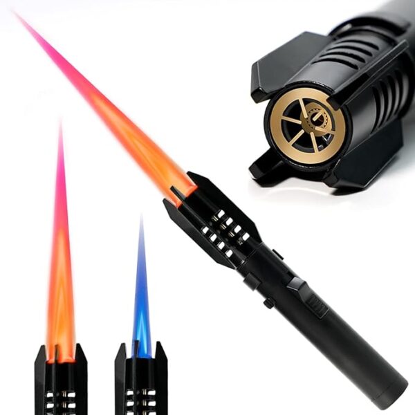 Camping Lighter, Torch Lighter, Straight Flame Bright Fire Refillable Windproof Adjustable Color with Safety Lock for Campfires Kitchen Hiking Candles Fireplace BBQ Outdoor Essentials (Black) - Image 2