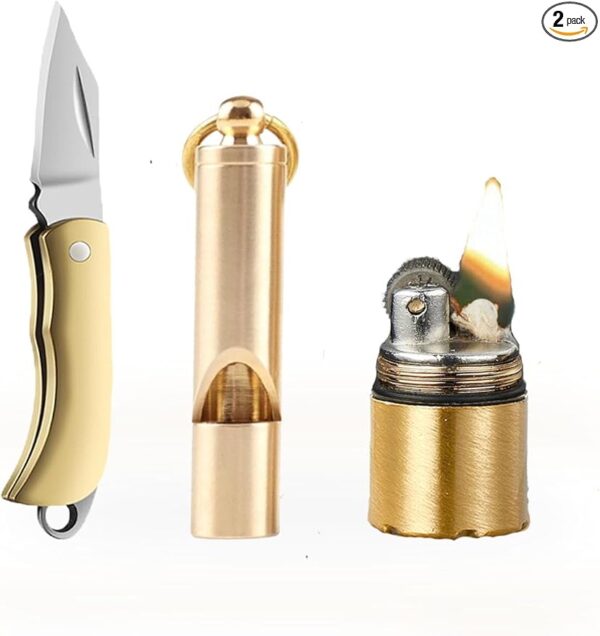 Mini Knife with Retro Lighter, Lound brass whistle, Keychain Knife Set for Camping Survival, Gadgets for Men, Easy for Everyday Carry (lighter knife whistle) - Image 2