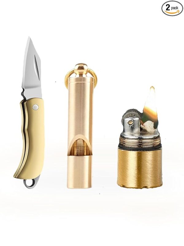 Mini Knife with Retro Lighter, Lound brass whistle, Keychain Knife Set for Camping Survival, Gadgets for Men, Easy for Everyday Carry (lighter knife whistle)