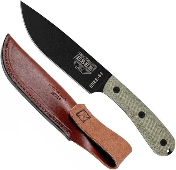 ESEE-6HM Fixed Blade Survival Knife, 1095 Carbon Steel, Round Modified Handle, Made in USA (Brown Leather Sheath (Right Hand)) - Image 2