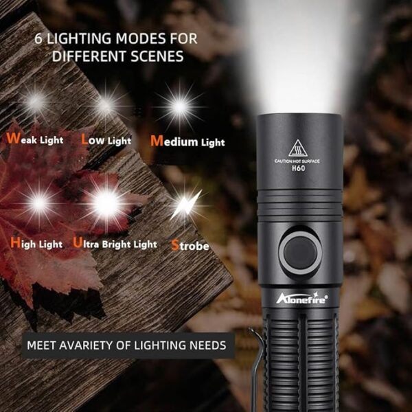 ALONEFIRE H60 LED Flashlight 1800 High Lumens Super Bright USB C Rechargeable 6 Adjustable Modes Waterproof Flash Light with Battery, Lanyard for Camping Emergency Hiking Home(Black) - Image 3