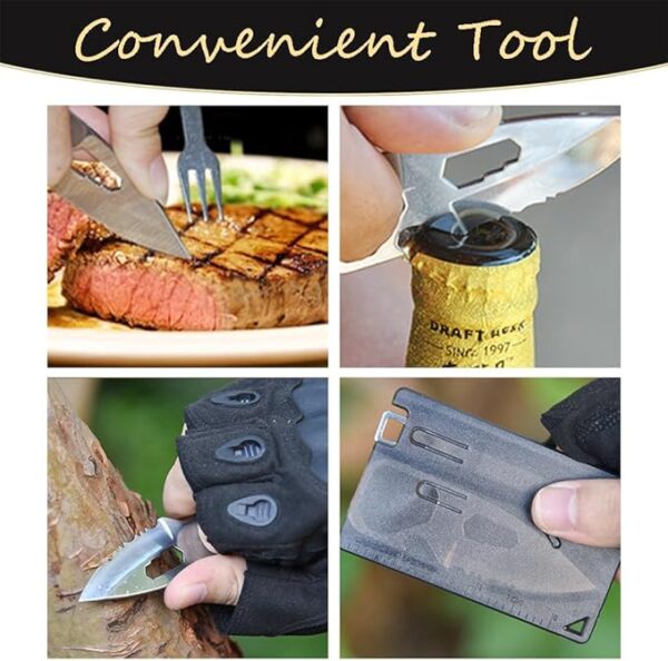 Pocket Credit Knife and Fork Ultra thin Camping Utensils,Stainless Steel Outdoor Survival Multipurpose Tool with Measuring Ruler Bottle Opener,4 in 1 Tool Kit Pocket Tools - Image 6