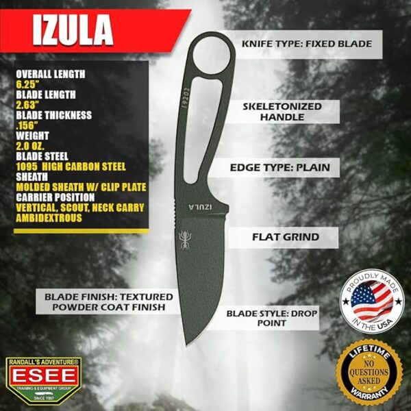 ESEE Knives Izula Fixed Blade Knife w/Survival Kit, Sheath & Clip Plate (Olive Drab) - Image 6