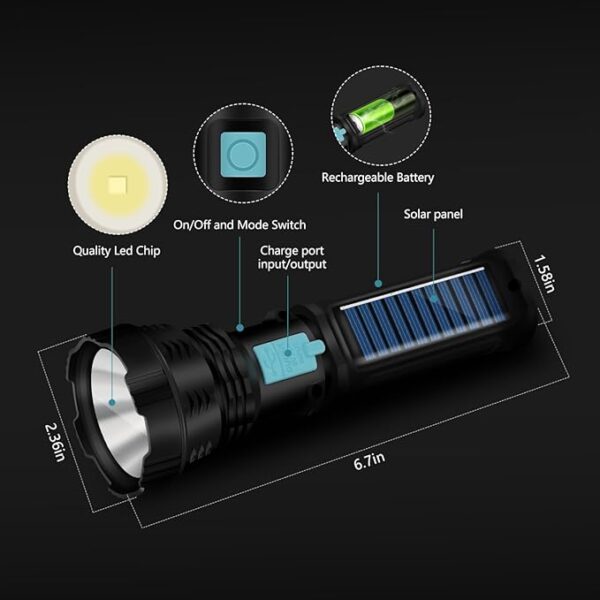 Led Solar Flashlight, 1500 Lumens Led Solar Handheld Rechargeable Flashlights with IP65 Waterproof, 2000mAh Battery for Survival Emergencies Camping (1 Pack) - Image 4