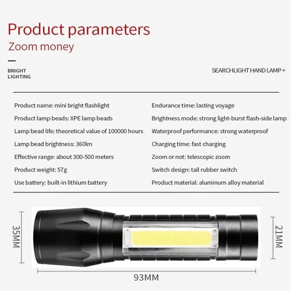 MODOAO LED Flashlight Portable Rechargeable Zoom Mini Flashlight Torch Lantern 3 Modes COB Light Flashlight for Hiking, Camping, Emergency Outdoor Use (5 Pack) - Image 6