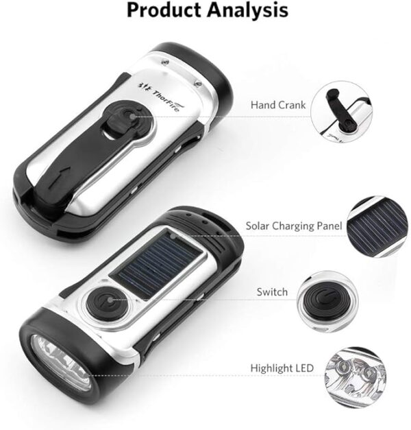 ThorFire Solar Flashlight Hand Crank Solar Powered Rechargeable Flashlight IPX6 Waterproof LED Emergency Lights Dynamo Torch Ideal for Camping Outdoor Climbing Backpack Hiking - Image 6