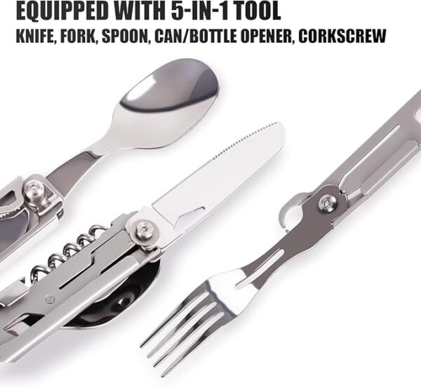 Portable 5-in-1 Camping Utensils - Detachable Travel Utensils Flatware Set - Compact Camping Multitool With Spoon, Fork, Knife, Bottle Opener - Great for Outdoor Adventures (Stainless Steel) - Image 4