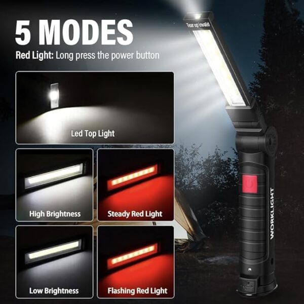 LED Work Light Rechargeable Flashlight, Tool Gifts for Men Him Husband, Mechanic Torch Grill Light Foldable Inspection Lamp with Magnetic Base 5 Modes 360Â° Rotate for Car Emergency Repair 2 Pack - Image 3