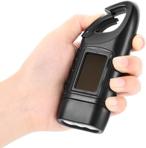 Simpeak Hand Cranking Solar Powered Flashlight, Rechargeable Emergency LED Flashlight Carabiner Dynamo Quick Snap Clip Backpack Flashlight Torch for Outdoor Camping Climbing Hiking (Black) - Image 9