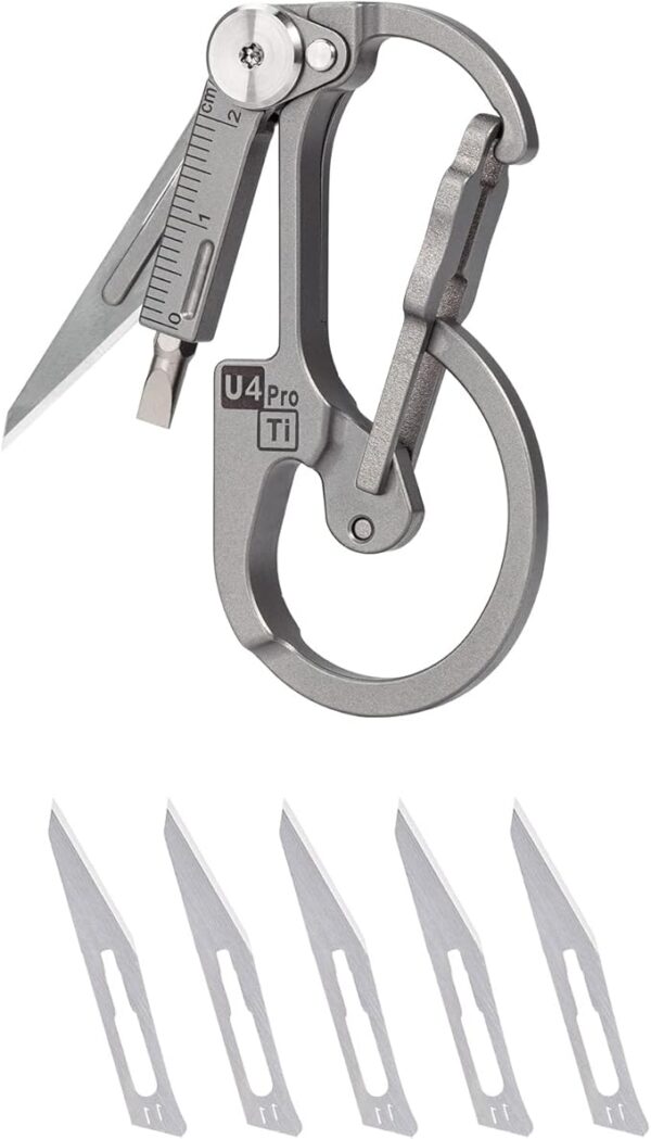 RovyVon U4 Pro+ Plus Titanium Carabiner Keychain Knife, EDC Multitool Pocket Clip with Replaceable Sharp Blade, Dual-bit Screwdriver and Ruler, Emergencies/Office - Image 2