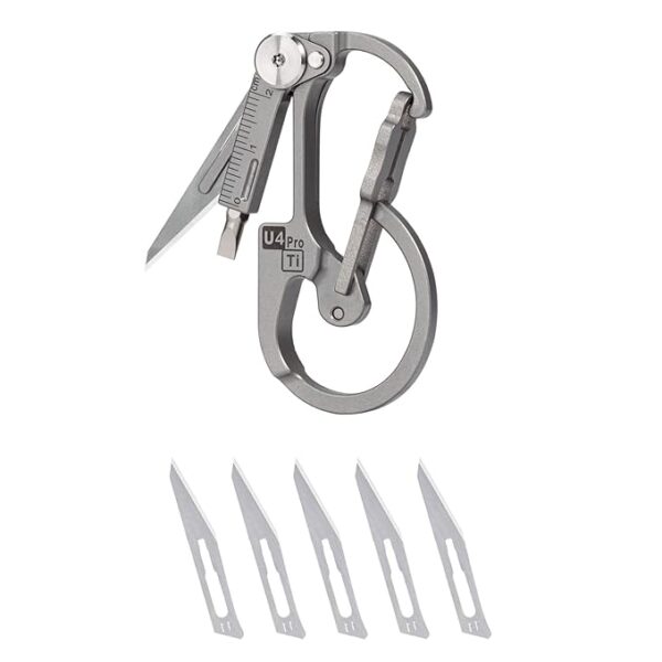 RovyVon U4 Pro+ Plus Titanium Carabiner Keychain Knife, EDC Multitool Pocket Clip with Replaceable Sharp Blade, Dual-bit Screwdriver and Ruler, Emergencies/Office