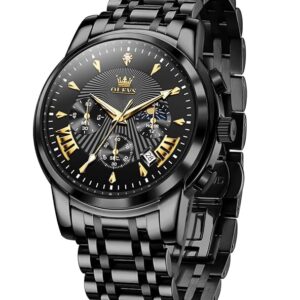 OLEVS Men's Luxury Watch Waterproof Luminous Easy Read Chronograph Watches Full Gold/White Dail/Black Face with Calendar Wristwatch